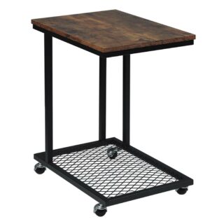 Table d'appoint industrielle à roulettes avec grille en dessous, planche supérieure en bois marron et armature noire