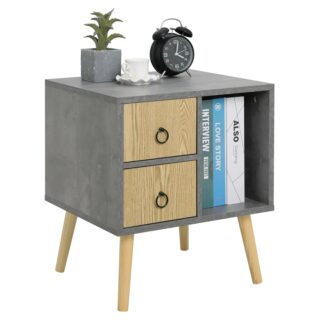 Table d'appoint en bois gris avec double tiroir et rangement ouvert