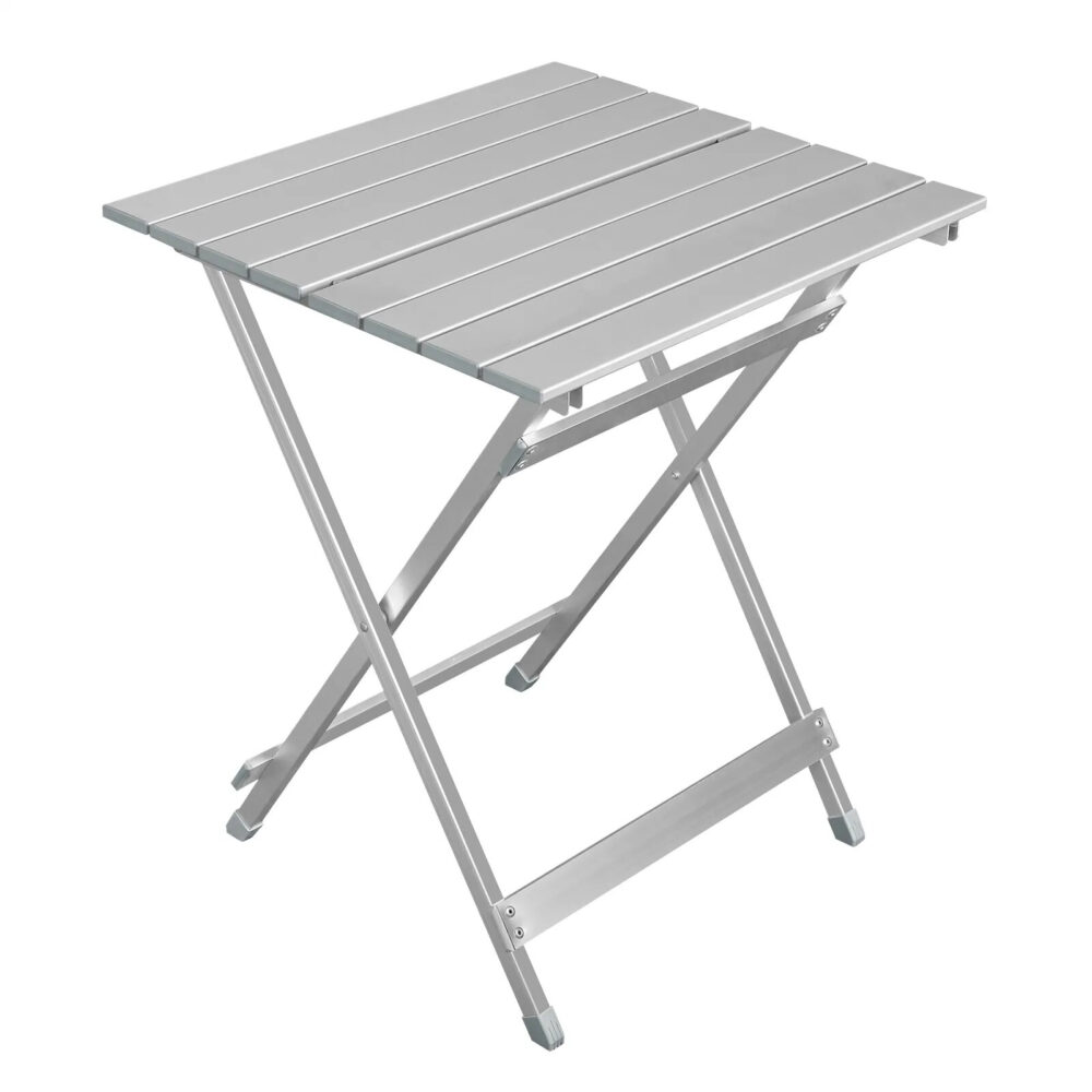 Table d'appoint pliable ultra-légere pour le jardin, de couleur argenté avec les pieds en X