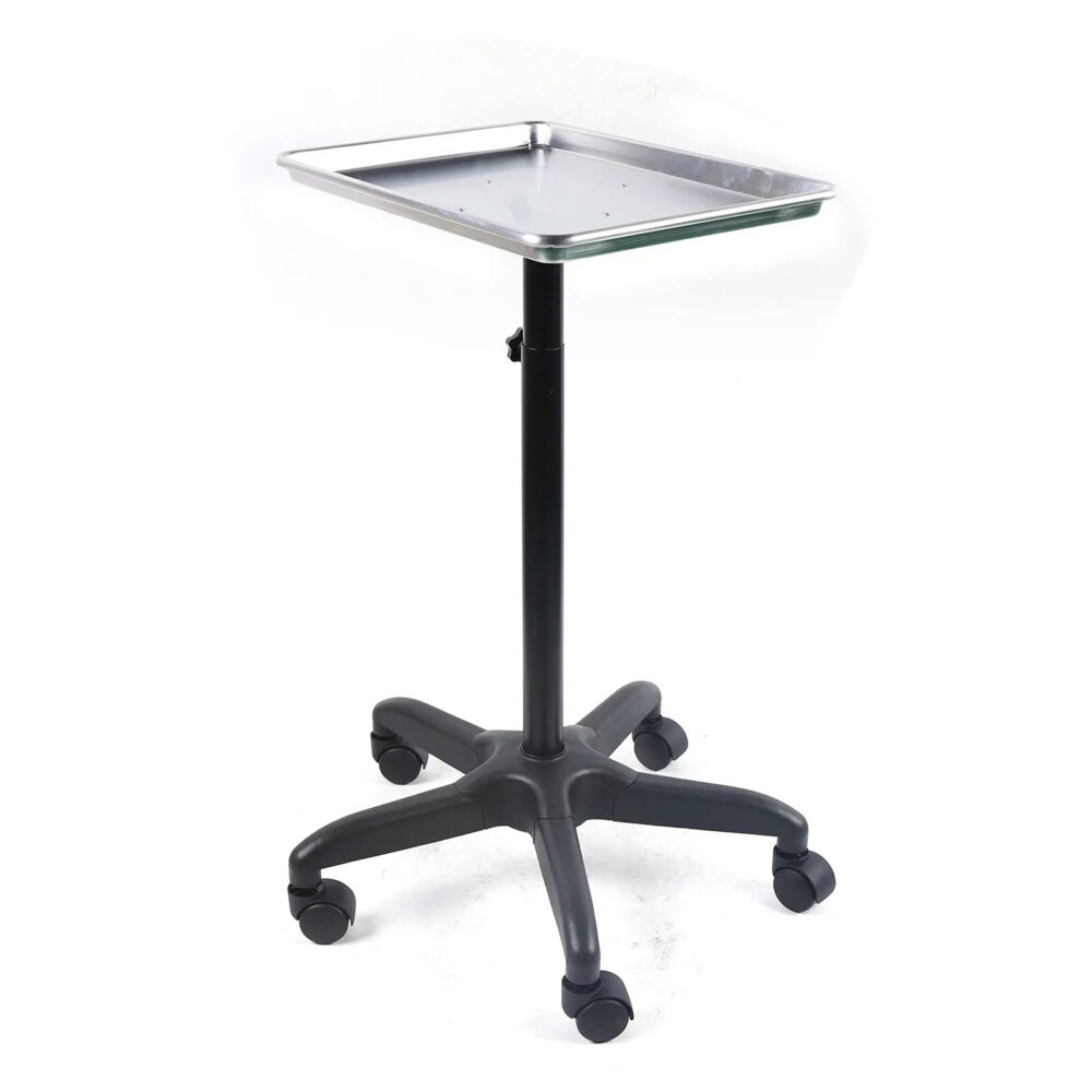Table d'appoint à roulettes pour le service, avec plateau de couleur argenté, sur un tube noir avec 5 roulettes
